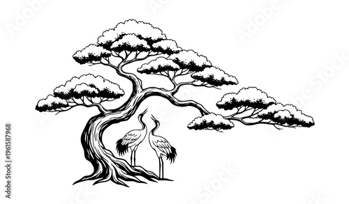 Bonsai Tree and Crane Birds Japanese Ink Style Vector Illustration