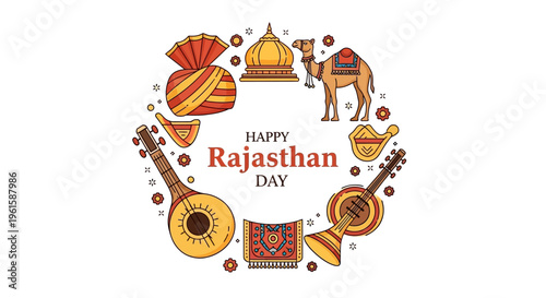 Illustration of Rajasthan Day celebration with traditional Indian cultural elements and folk designs in a circular composition with warm colors.