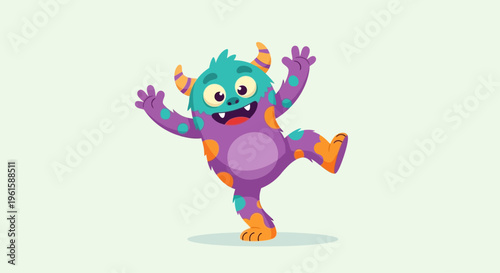 Cute Purple Monster Dancing with Joy, Funny Cartoon Character Illustration