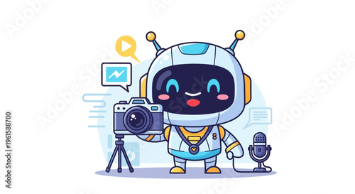 Cute robot with camera and microphone, creating content for social media