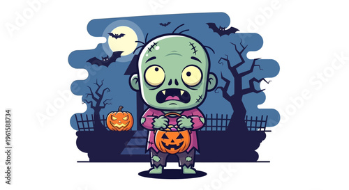 Cute Zombie Kid Trick-or-Treating with Pumpkin Bucket on Halloween Night