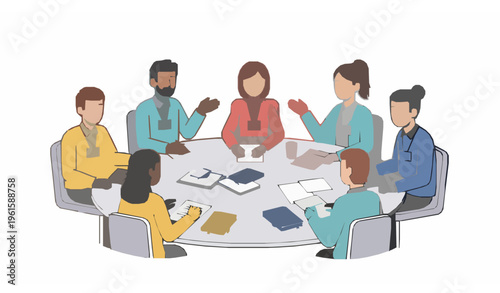 Students society meeting vector illustration with group discussion at round table about social issues and education