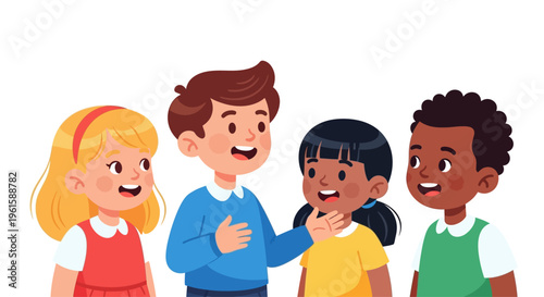 Diverse children talking and laughing together, friendship, communication, education, happy childhood