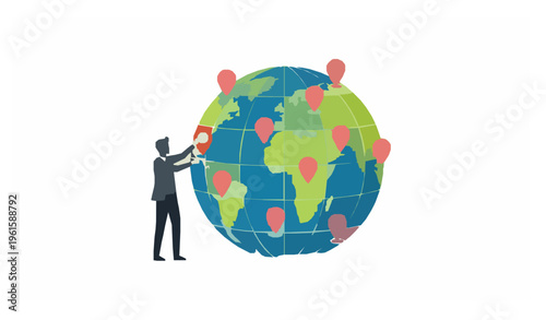 Worldwide franchise expansion global map pins business growth vector illustration