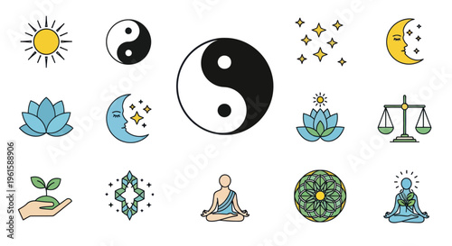 Zen Harmony Icons: Yin Yang, Lotus, Sun, Moon, Meditation, Balance, Stars