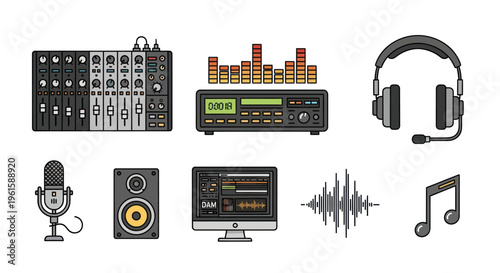 Audio Production Icons: Mixer, Equalizer, Headphones, Microphone, Speaker, Computer, Soundwave, Music Note