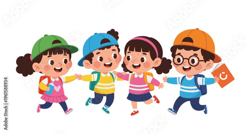 Happy Diverse Kids Walking Together With Backpacks, Ready For School