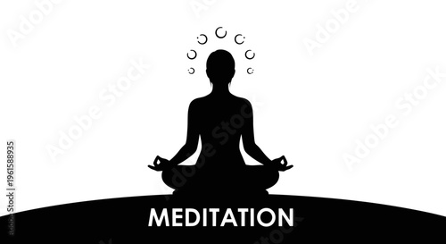 Silhouette of person meditating in lotus pose with glowing aura, black and white, clean background