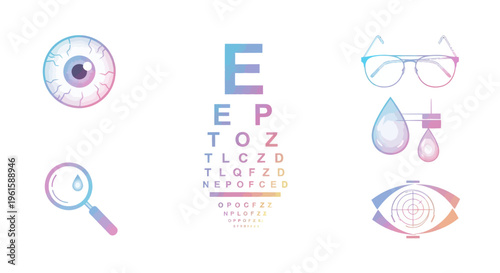 Eye Health and Vision Care Icons: Optometry, Eyeball, Glasses, Eye Chart, Magnifying Glass
