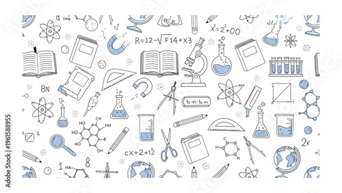 Science and Education Essentials: A whimsical illustration showcases the fundamental elements of scientific study and education, filled with classic lab equipment, mathematical symbols.