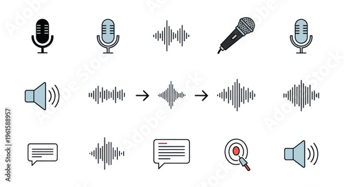 Audio Waveform Icons and Microphones - Sound Recording, Voice, and Speech Symbols