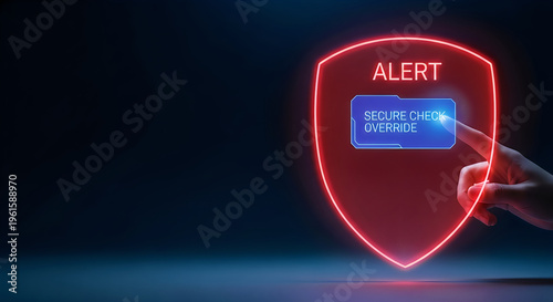 Glowing red shield with alert and secure check override on dark background being touched by hand