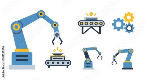 Robotic arms and conveyor belts in factory automation, industrial machinery vector illustration