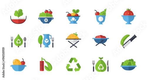 Healthy Food Icons Set: Fruits, Vegetables, Salads, Eco-Friendly and Recycling Symbols