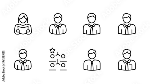 Startup Strategy and Employee Icons Business Management Outline Vector Set