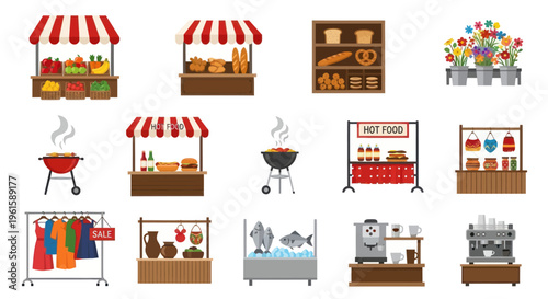 Pixel Art Market Stalls: Food, Flowers, Fashion, and Coffee Shops