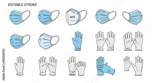 Collection of Medical Masks and Gloves Icons, Editable Stroke, Health Protection