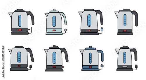 Collection of modern electric kettles in various designs and colors, isolated on white background