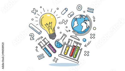 Illumination of Discovery: A bright illustration featuring essential elements of science and knowledge: an illuminated lightbulb, globe, test tube