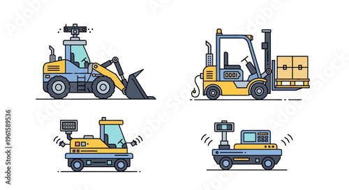 Industrial Vehicles Set: Loader, Forklift, Autonomous Robots Icons