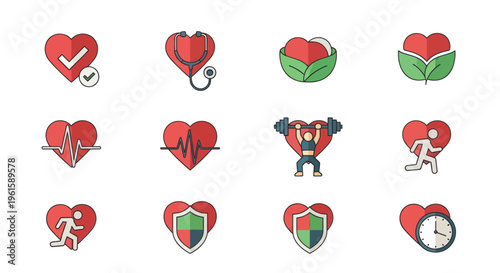 Heart Health Icons: Cardiology, Fitness, Wellness, Protection, and Time - Vector Set