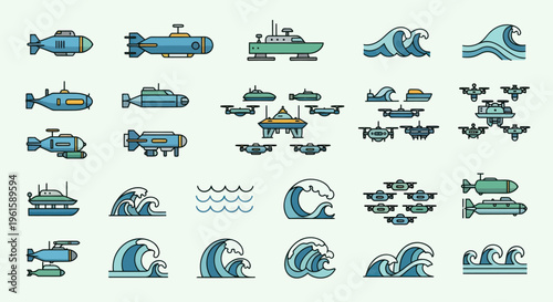 Underwater Vehicle and Wave Icons Set: Submarine, Boat, Drone, and Ocean Motion