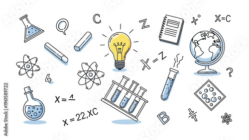 Scientific Illustration: A bright idea ignites amid an array of science-themed doodles, inspiring learning. The composition features a beaker, globe, atom, test tube, and notebook.