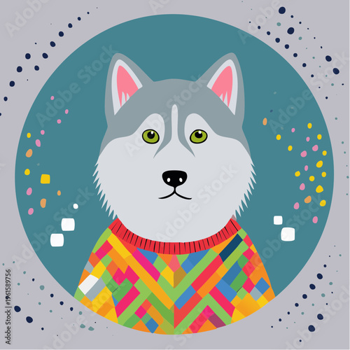 playful, polished, and full of personality husky, bright green eyes; blending playful character design with polished modern editorial charm