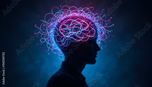 A silhouette of a man with a vibrant and colorful representation of thoughts and ideas emanating from his head
