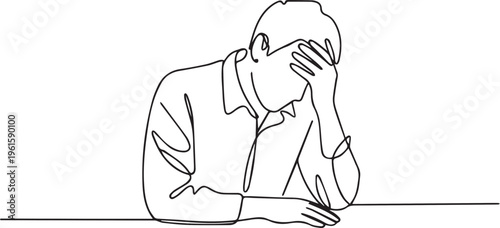 Continuous one line drawing of a stressed man holding his head. Concept of headache, depression, anxiety, and mental health.