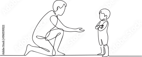 Continuous one line drawing of a father talking to his small son. Minimalist linear vector illustration of parenting, discipline and child upbringing concept.