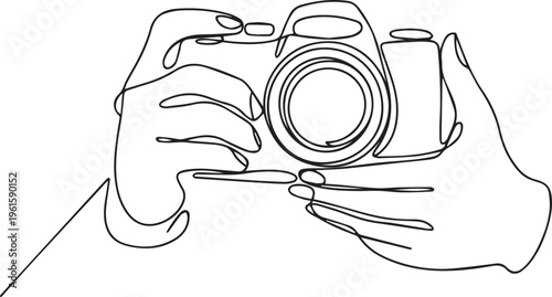 Continuous one line drawing of hands holding a camera. Minimalist dslr camera vector illustration of taking a photo. Concept of photography and professional photo shooting.