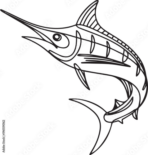 Continuous one line drawing of a marlin fish jumping. Blue marlin or swordfish logo concept for sport fishing.