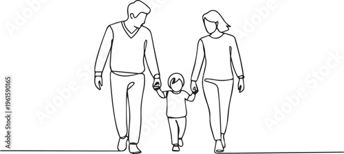 Continuous one line drawing of a happy family walking together. Father, mother and child holding hands. Minimalist linear vector illustration of family bonding and togetherness.
