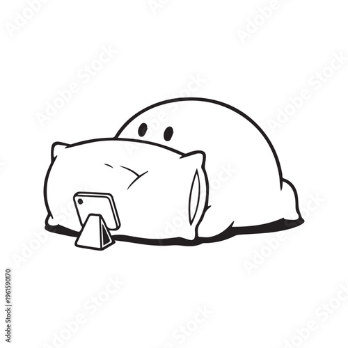 Minimalist Doodle of a Tired Person Lying on the Floor with a Pillow Watching a Smartphone
