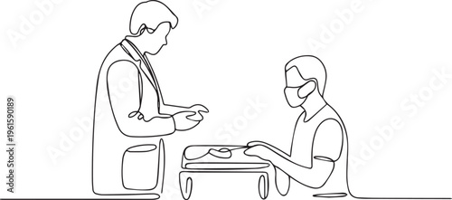 Continuous one line drawing of a doctor and medical assistant preparing for surgery. Surgeon in face mask taking surgical instrument. Minimalist linear vector illustration of healthcare and medical pr