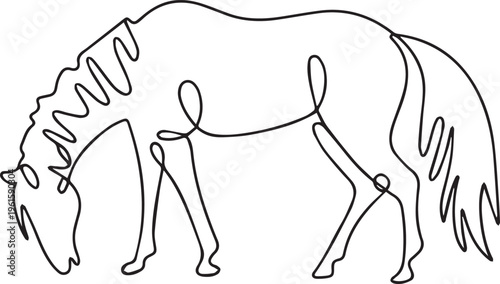 Continuous one line drawing of horse grazing. Minimalist linear vector illustration of a farm animal in a pasture. Nature and animal love concept.