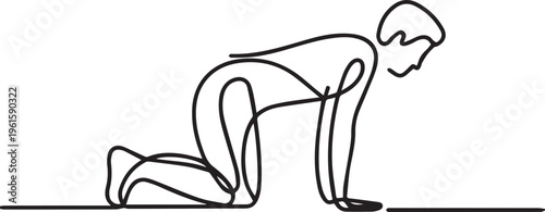 Continuous one line drawing of a man crawling on the floor. Minimalist linear vector illustration of physical exercise, rehabilitation, or moving forward through difficulty.