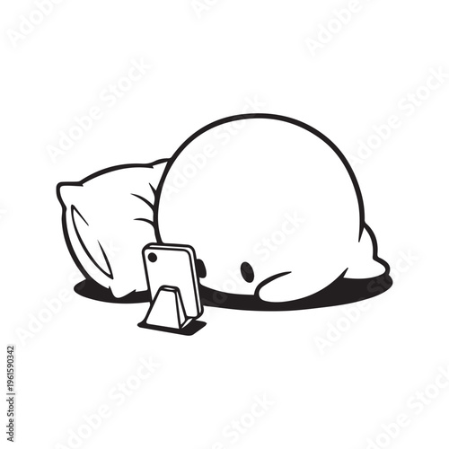 Minimalist Doodle of a Tired Person Lying on the Floor with a Pillow Watching a Smartphone
