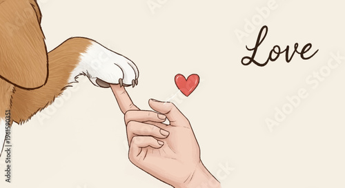 Human finger touching dog paw with heart and love text.
