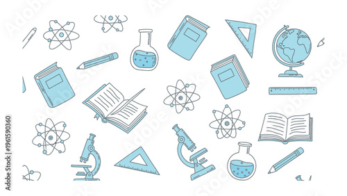 Education Seamless Pattern: A whimsical arrangement of essential education elements, perfect for illustrating learning and knowledge.