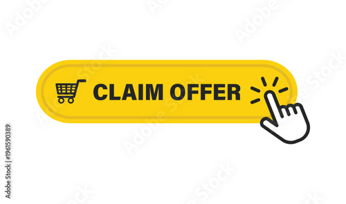 Claim offer yellow web button with click icon for discount vouchers and promotional campaign landing pages