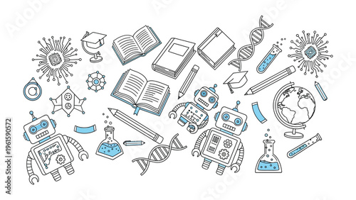 Illustration of Science and Education: A whimsical illustration with elements symbolizing science and education, depicting robots, books, pencils, DNA strands, graduation caps.