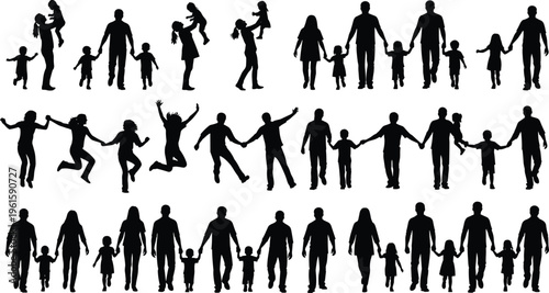Collection of black silhouettes of parents and children in diverse family poses including walking, lifting