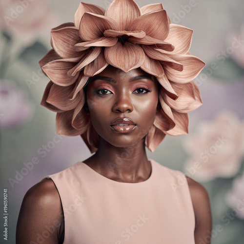 soft, sculptural botanical couture — the peach‑toned petal headpiece, the circular layering, the gentle floral backdrop
