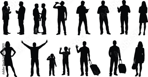 "Silhouette illustration of fifteen diverse people in different poses and activities arranged in rows representing human posture, gesture, and everyday lifestyle interactions"