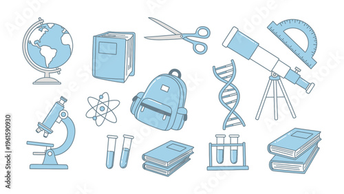 Education Essentials: An array of meticulously illustrated educational elements, including globe, books, scissors, backpack, microscope, DNA strands, telescope, protractor, and test tubes.