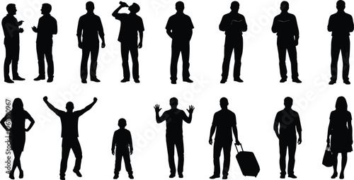 "Silhouette illustration of fifteen diverse people including men, women, and child figures arranged in rows showcasing human posture, gesture, and everyday activities"