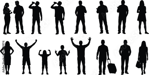 "Silhouette illustration of fourteen diverse people in different poses and activities arranged in rows representing human posture, gesture, and everyday lifestyle interactions""Silhouette illustration