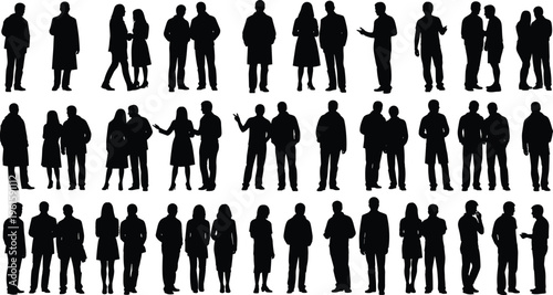 "Silhouette illustration of fourteen diverse people standing in pairs arranged in rows showcasing human interaction, posture, gesture, and social communication styles"